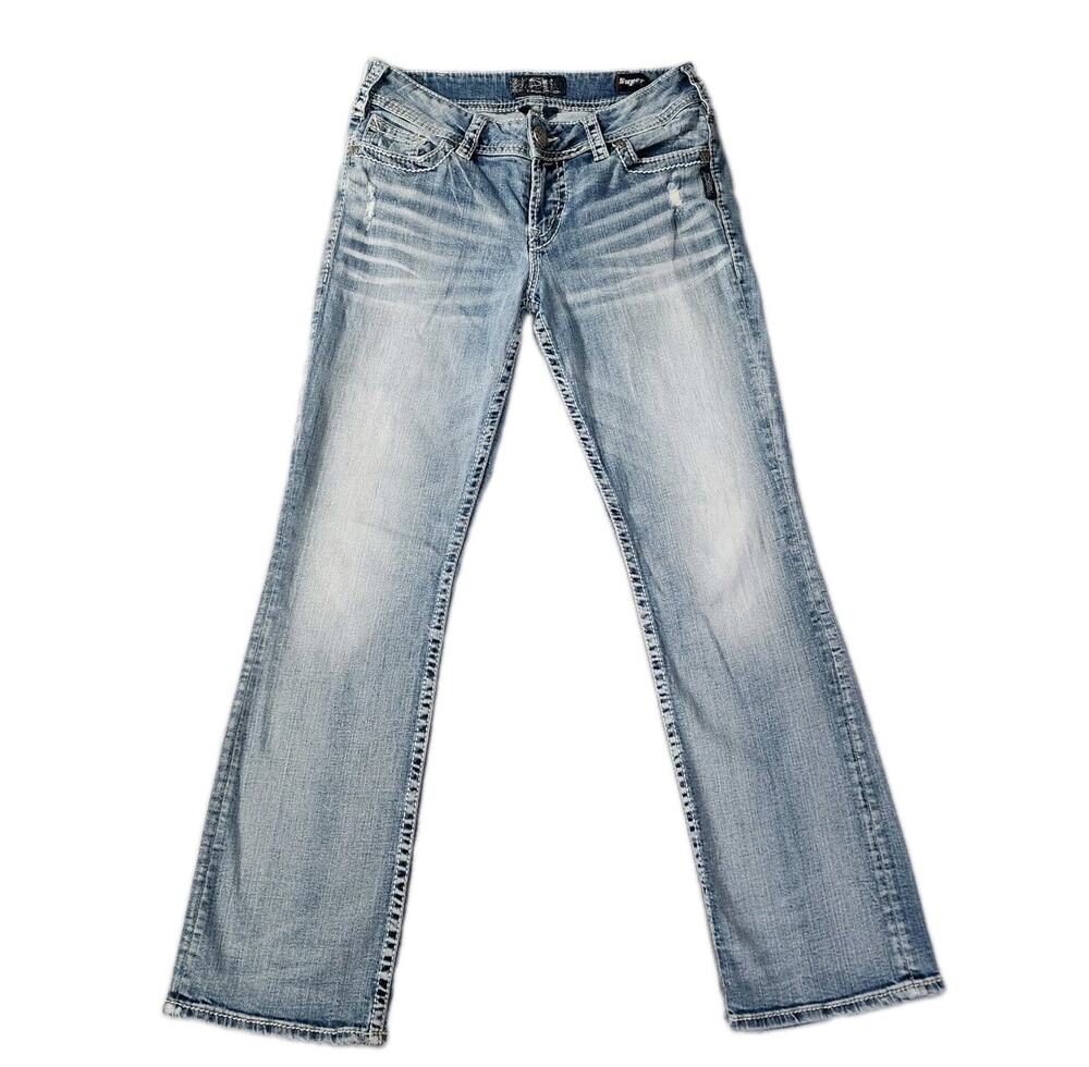 Silver Jeans Suki Bootcut Jeans Light Wash Embroidered Flap Pockets Y2K Size 30